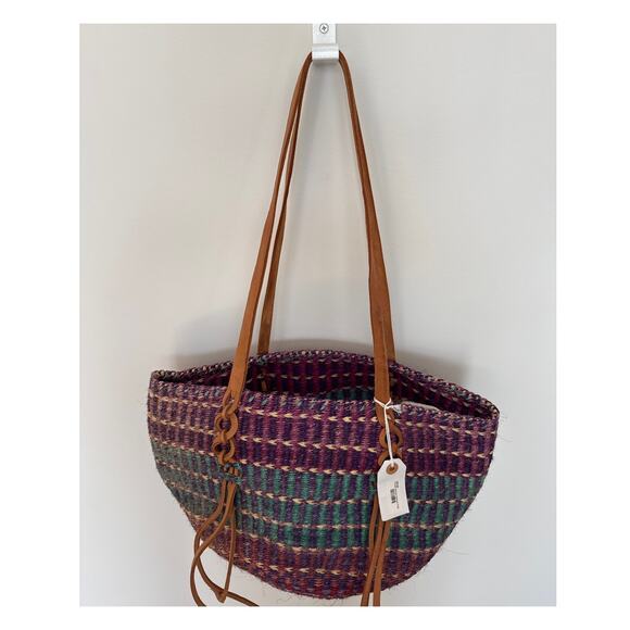 NWT Handwoven Purple & Teal Boho Retro Tote Bag with Leather Straps tassels - Picture 7 of 13